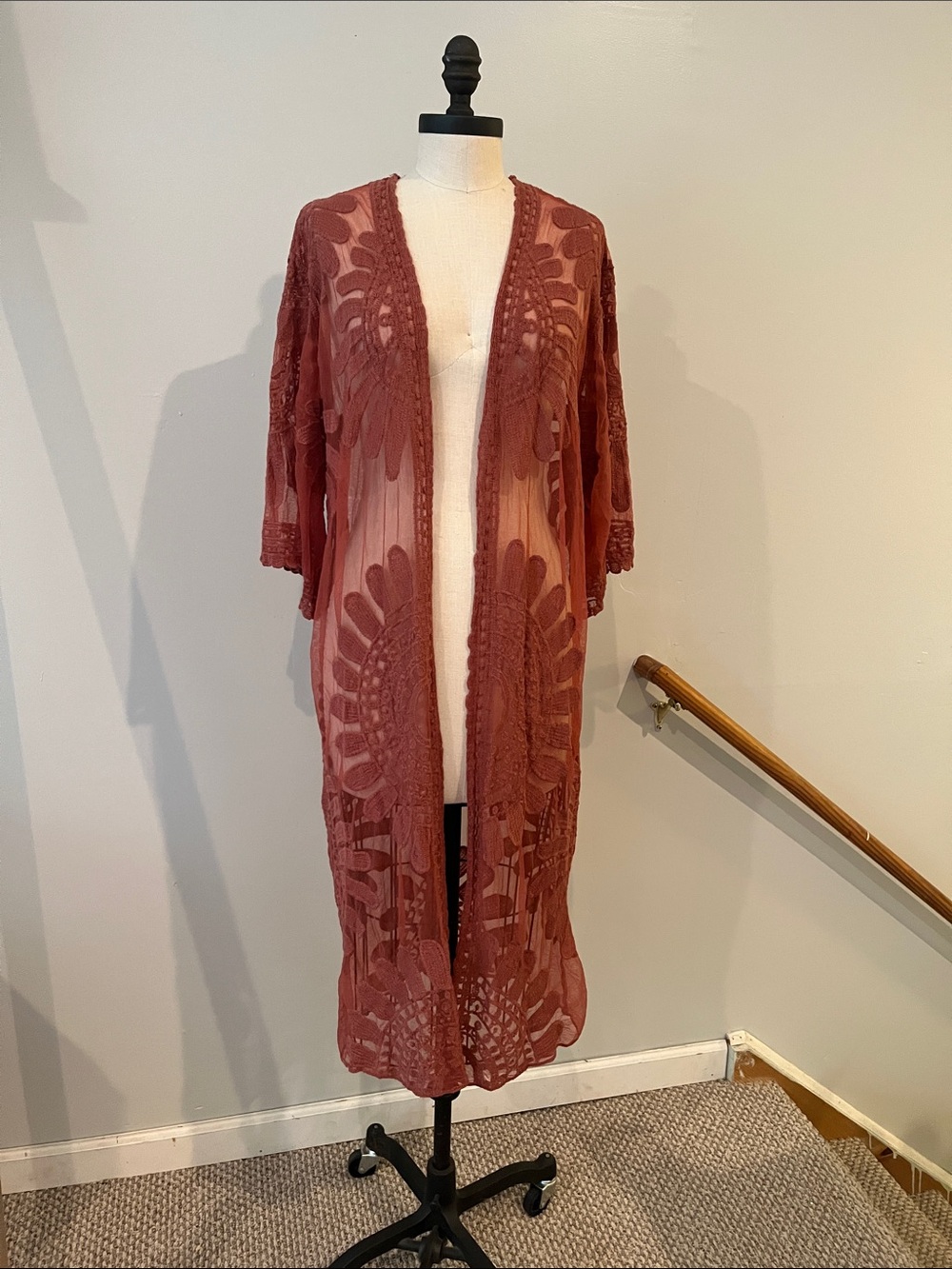 Orange lace mesh duster kimono one size boho caftan
